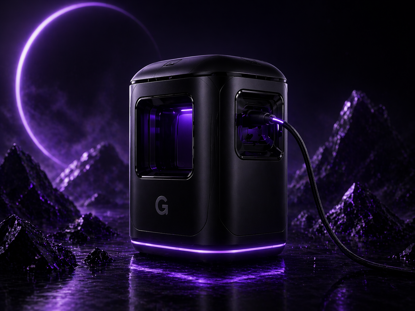 GoonRig connected stroker dock rendered in a cyberpunk purple and black aesthetic