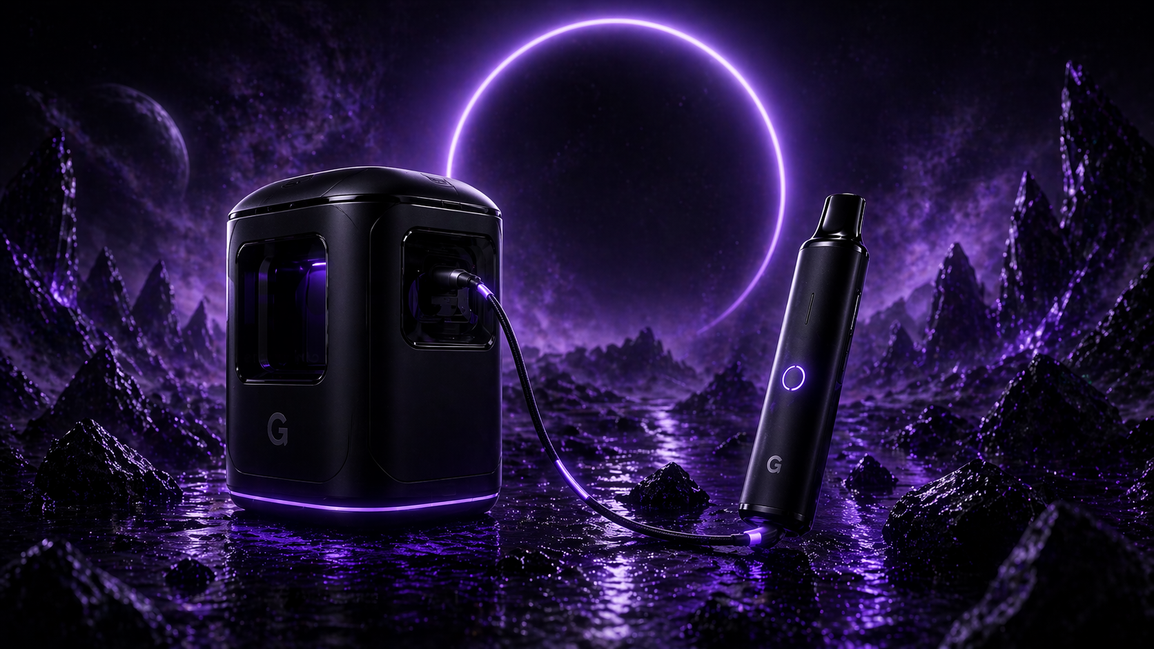 Cyberpunk GoonTrip hardware concept with connected herbal vapor device and premium neural leisure rig