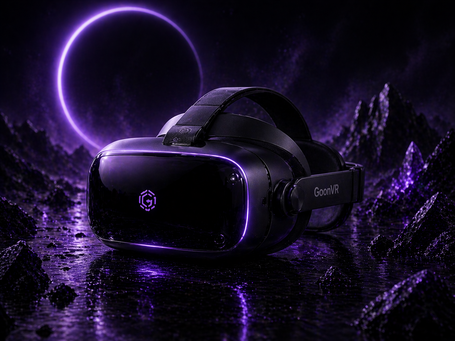 GoonVR headset render with purple black premium lighting