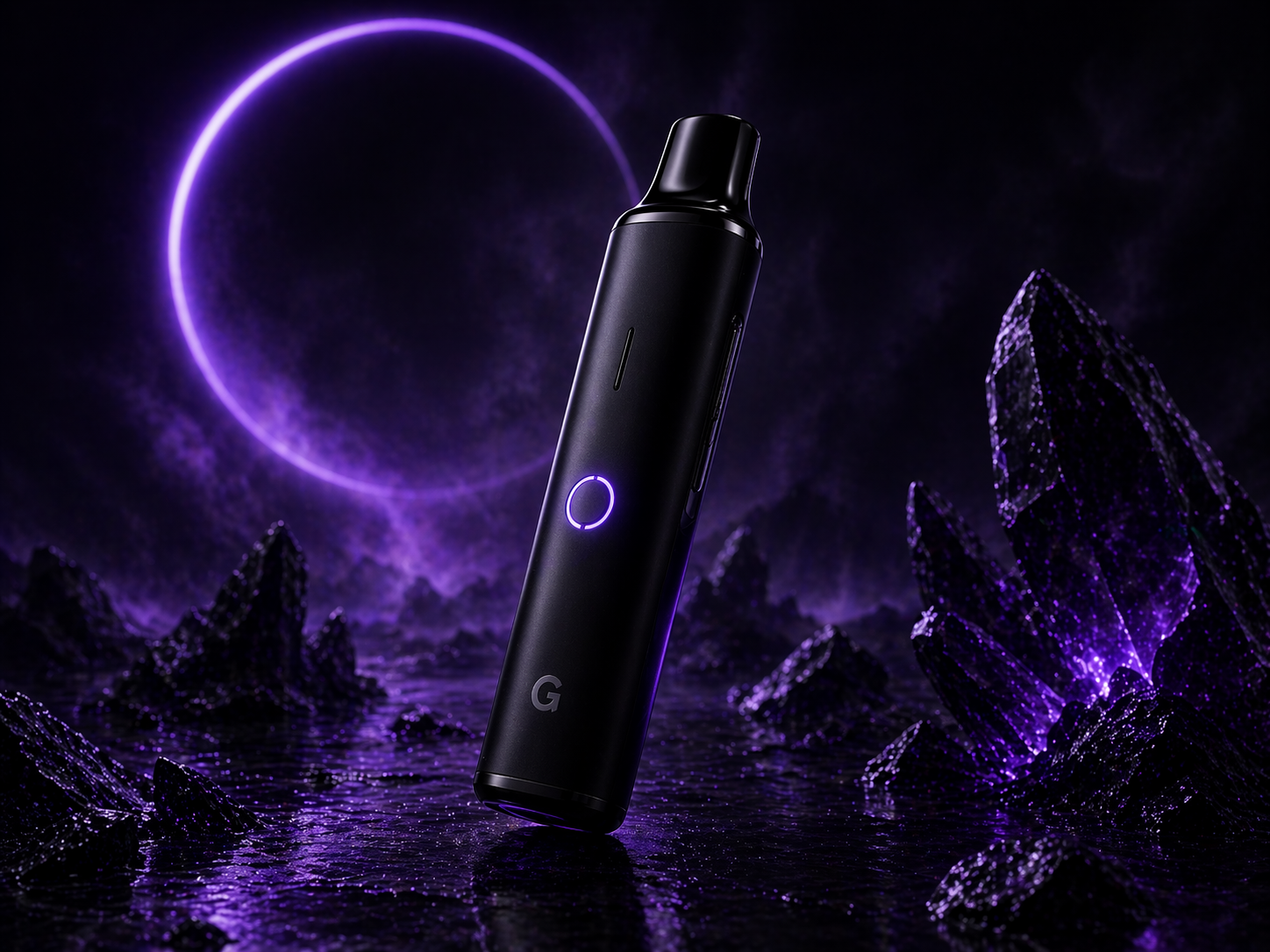 Neural Vape product render in a glossy purple cyberpunk style